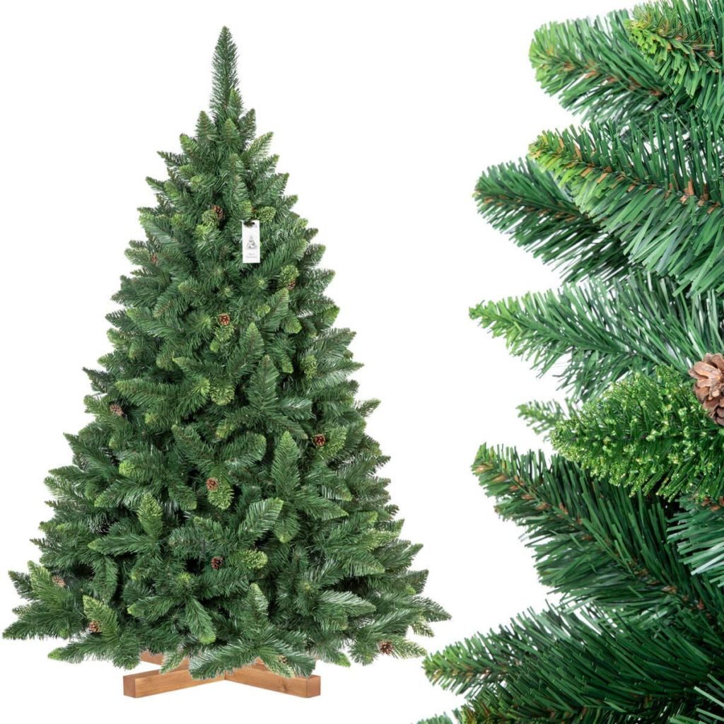 FairyTrees Árbol de Navidad Artificial Pino, Natural Verde, Material PVC, Las piñas verdaderas, el Soporte de Madera