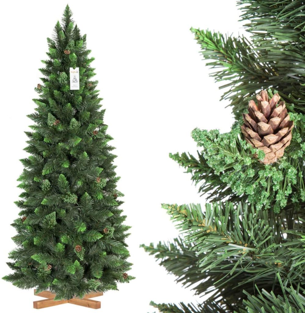 FairyTrees Árbol de Navidad Artificial Slim, Pino Natural Verde, Material PVC, Las piñas verdaderas, el Soporte de Madera, 180cm,